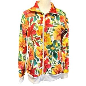 TINDRA Tropical Floral Zip Up Jacket Zip Pockets Banded Waist Cuffs EC Sz Small